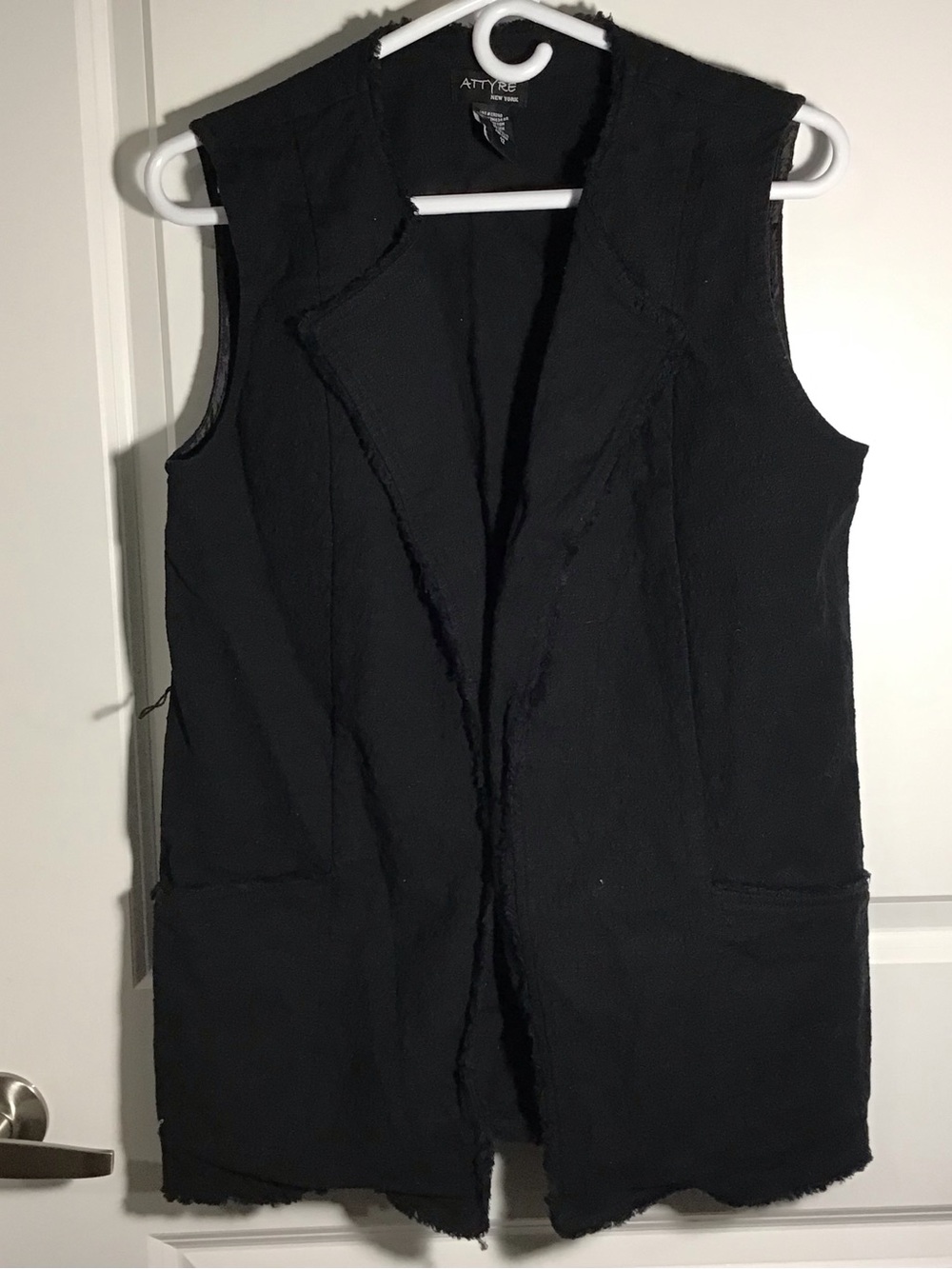 Attyre Black Open-Front Sleeveless Vest with Raw-Edge Trim 12
